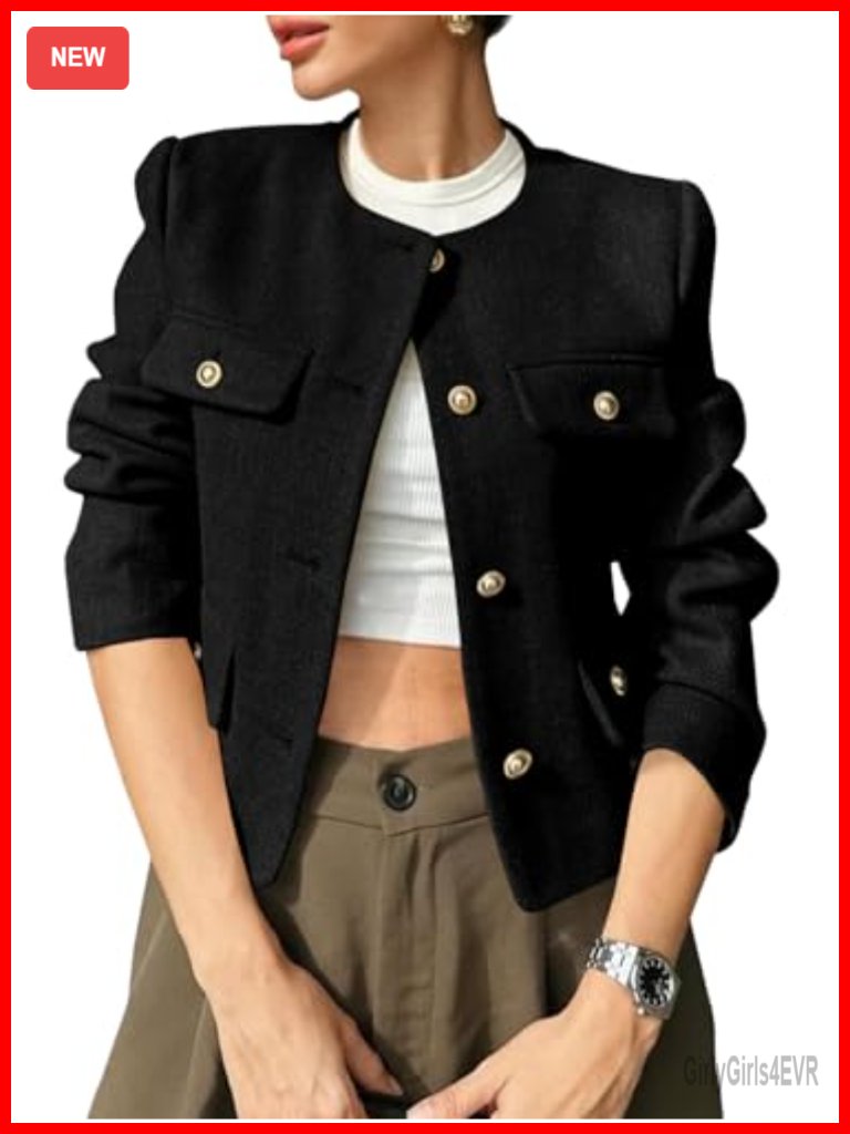 Cropped Tweed Blazer Jacket Collarless Button Down Business Casual